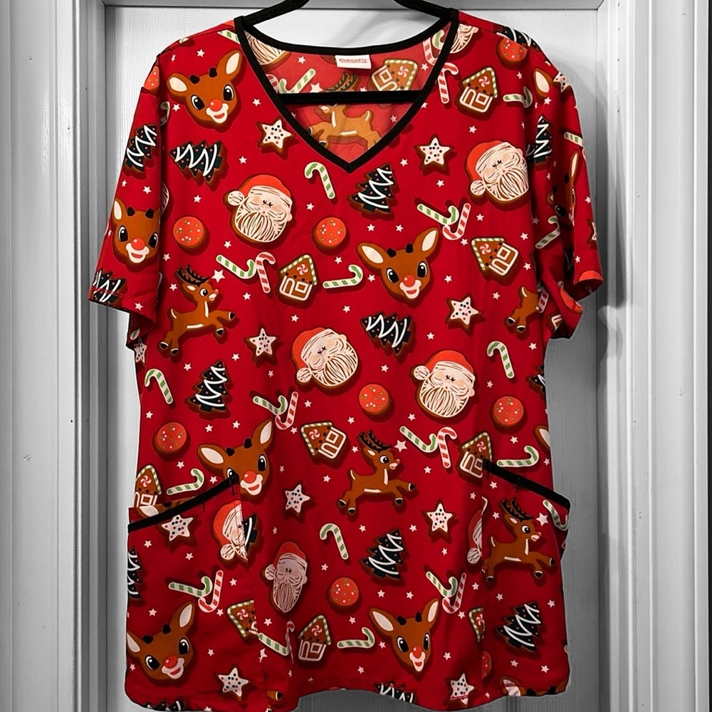 Scrubstar Red Christmas Reindeer Print Women's Scrub Top